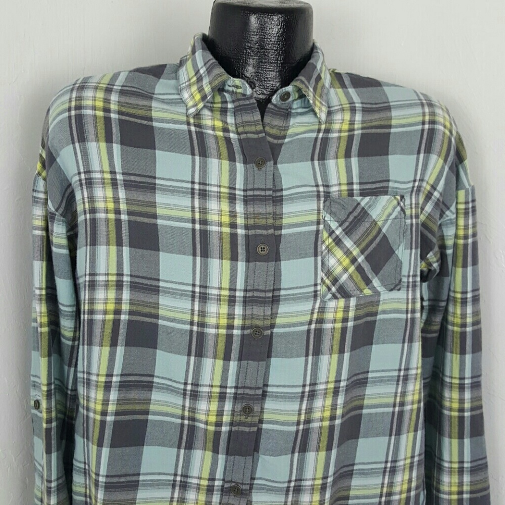 Prana organic cotton fleece top button up blouse check long sleeve women size M
